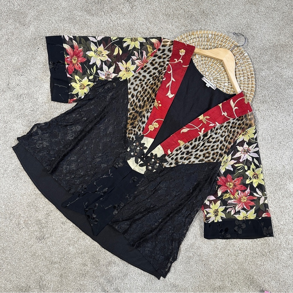 Spencer Alexis Vintage Silk Blend Kimono Top Floral Lace Embroidered Fairy 1X